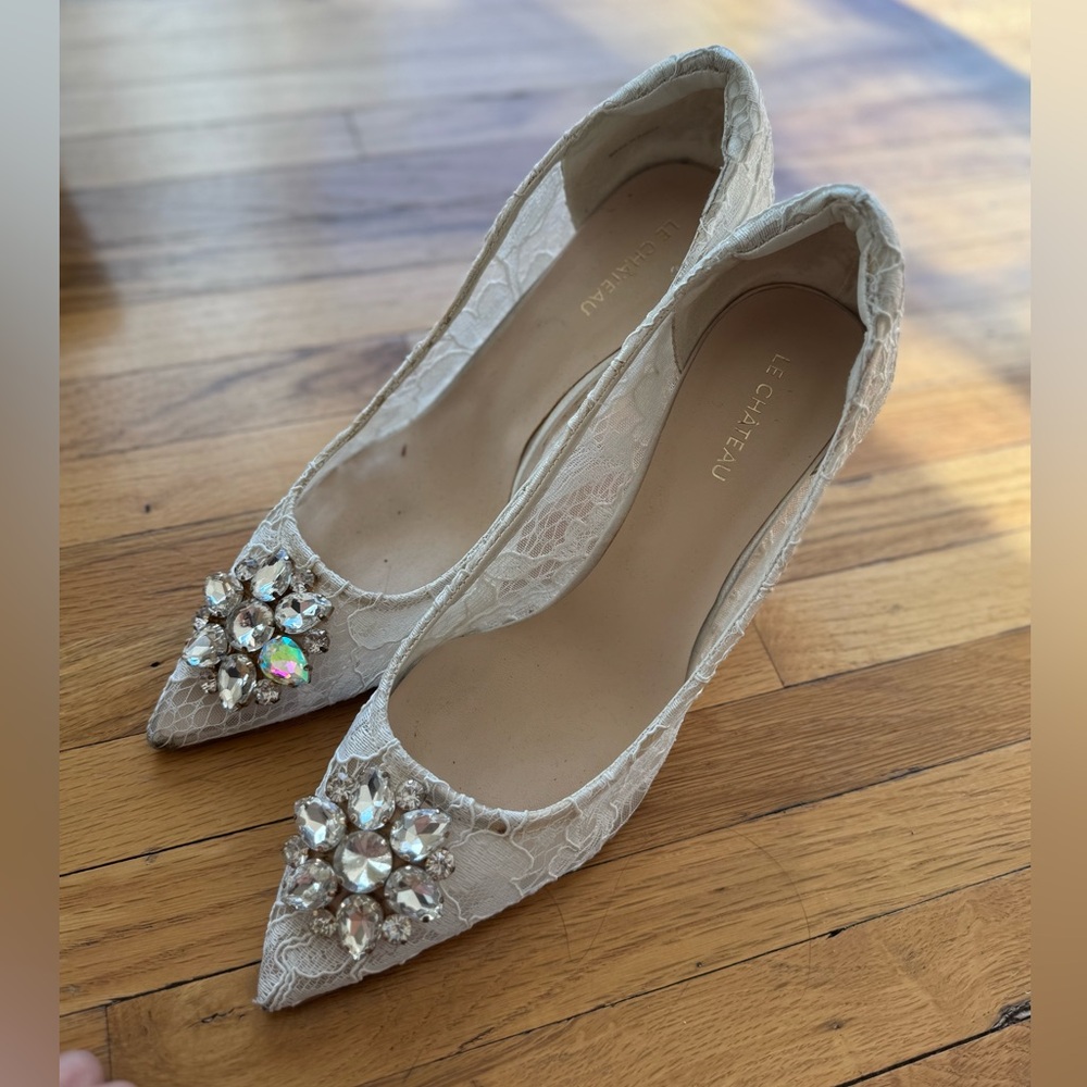 Le Chateau Ivory Lace Heels with Jewel Embellishments